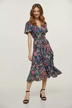 Платье с запахом рюшами и принтом Conquista, мультиколор