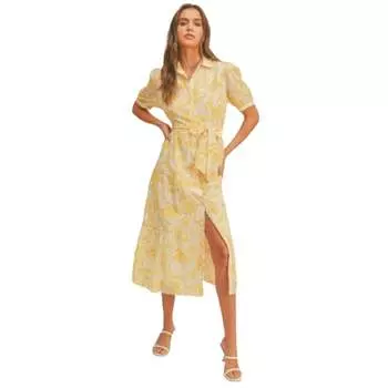 Платье с застежкой на пуговицы и поясом на талии, рукавами-фонариками FASHNZFAB, цвет yellow multi