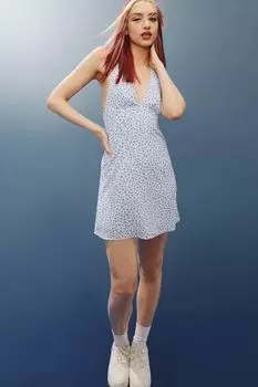 Платье с застежкой на шее H&amp;M, белые/синие цветы