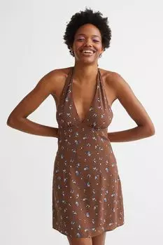Платье с застежкой на шее H&amp;M, коричневый/маленькие цветы