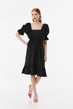 Платье с завязками, рукавами и подолом с оборками Fullamoda, черный