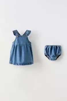 Платье-сарафан из денима с оборками ZARA, средне-синий