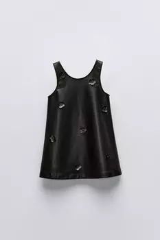 Платье-сарафан из искусственной кожи с цветочным узором ZARA, черный