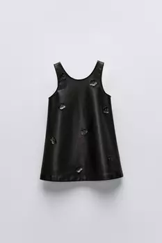 Платье-сарафан из искусственной кожи с цветочным узором ZARA, черный