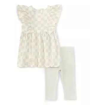 Платье-сарафан из тканого газа в клетку с рюшами и рукавами в клетку для маленьких девочек Bonnie Jean, комплект однотонных трикотажных леггинсов-капри для девочек от 2 до 6 лет, зеленый