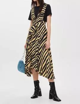 Платье-сарафан с принтом зебры в полоску и V-образным вырезом коричневого цвета Topshop