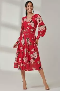 Платье сетка с цветочным принтом и запахом спереди Jolie Moi, красный