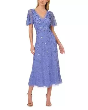 Платье-сетка с рукавами-крылышками и отделкой из бисера Adrianna Papell, фиолетовый