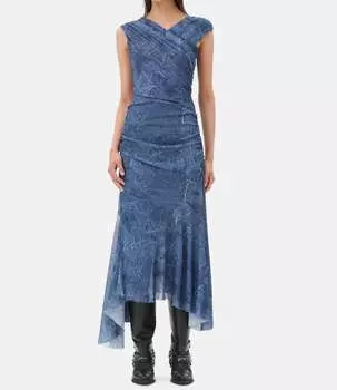 Платье-сетка с рюшами из денима GANNI, цвет denim