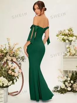 Платье Shein Belle с пышными рукавами и узлом, темно-зеленый
