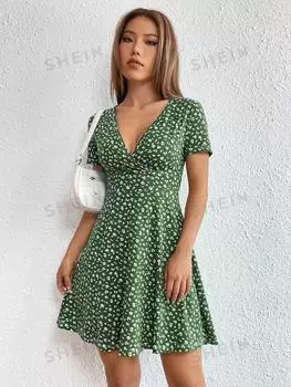 Платье Shein Ezwear с короткими рукавами и принтом, зеленый