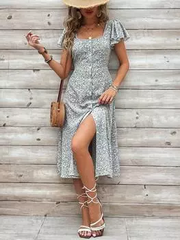 Платье Shein Frenchy с оборками и цветочным принтом, зеленый