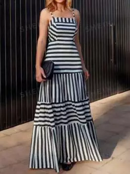 Платье Shein Frenchy в смелую полоску с цветными блоками, черный / белый