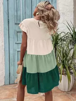 Платье Shein Lune Babydoll с круглым вырезом и рюшами, бежевый / зеленый