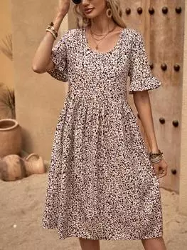 Платье Shein Lune Romantic Vacation с цветочным принтом, абрикосовый