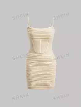 Платье Shein Mod на тонких бретельках из сетчатой ткани, абрикосовый