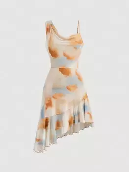 Платье SHEIN MOD, принт тай-дай, воротник-хомутик, асимметричный подол, многоцветный