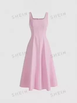 Платье Shein Mod с гофрированной спиной и расклешенным подолом, розовый