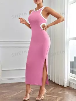 Платье Shein Petite с контрастной окантовкой и вырезом на талии, розовый