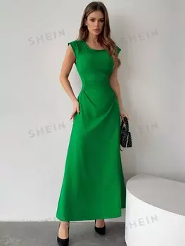 Платье Shein Priv с плиссированной талией и трапециевидным подолом, зеленый