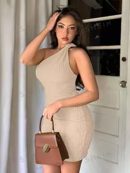 Платье Shein Priv с разрезом на бедре, абрикосовый