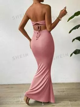 Платье Shein Priv с закрученным передом и без бретелек, розовый
