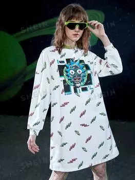 Платье Shein Rick and Morty с заниженными плечами и мультяшным рисунком, белый