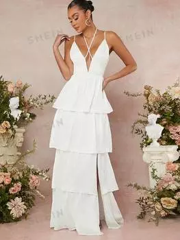 Платье Shein с многоярусными рюшами и перекрещивающимися бретелями, белый