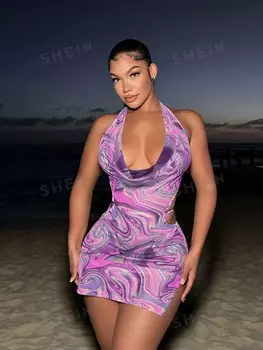 Платье Shein SXY с принтом омбре и струящимся узором, фиолетовый