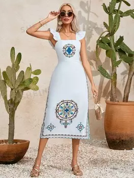 Платье Shein Vcay на тонких бретельках с принтом и оборками, голубой