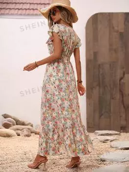 Платье Shein Vcay с цветочным принтом, белый / голубой