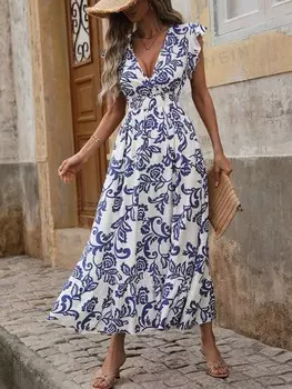 Платье Shein Vcay с V-образным вырезом, синий / белый