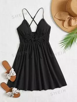 Платье Shein WYWH на тонких бретельках с завязками, черный