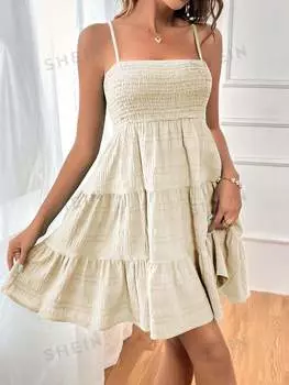 Платье Shein WYWH на тонких бретельках с оборками и подолом, бежевый