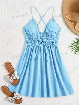 Платье Shein WYWH с завязками на талии, синий