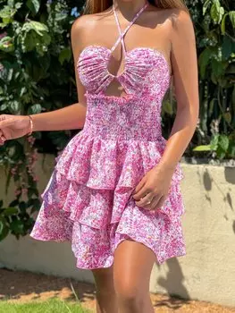 Платье Shein WYWH с завязкой на талии и цветочным принтом, ярко-розовый