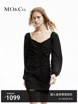 Платье шелковое Moco 2024 с квадратным воротником и рукавами-фонариками, черный