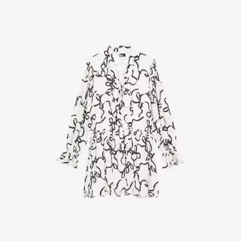 Платье шелковое The Kooples с рюшами и ленточным принтом, белый / черный