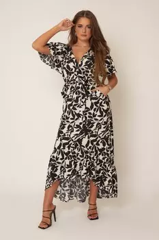 Платье-Шелли с короткими рукавами поясом и асимметричным подолом Girl In Mind, мультиколор