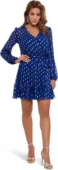 Платье Short Long Sleeve Chiffon Clip Dot w/ Tie Belt Betsy & Adam, цвет Light Navy/Gold