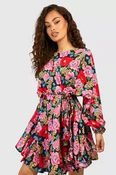 Платье-скейтер с цветочными деталями годе Boohoo, красный