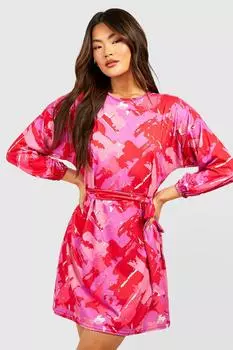 Платье-скейтер с поясом 3/4 рукава tie dye Boohoo, розовый