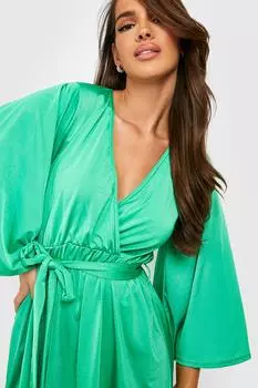 Платье-скейтер с поясом и объемными рукавами Boohoo, зеленый