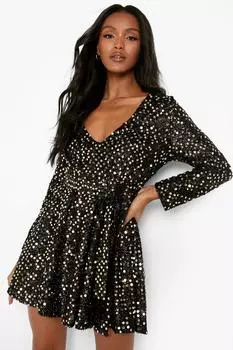 Платье-скорбинка с пайетками и запахом Boohoo, золотой