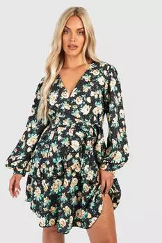 Платье-скординская с цветочными орушами и запахом Boohoo, черный