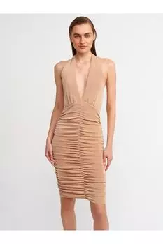 Платье со сборками и завязками на плечах-бежевый Dilvin, коричневый