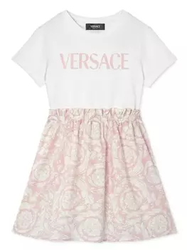 Платье со вставками с принтом Barocco Versace Kids, розовый