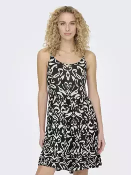 Платье-спагетти ONLY "ONLMAJ LIFE S/L AOP SHORT DRESS WVN NOOS", с воланом, цвет Black Aop:Kira Grafic