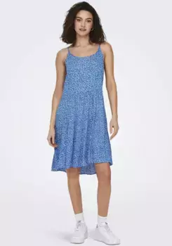 Платье-спагетти ONLY "ONLMAJ LIFE S/L AOP SHORT DRESS WVN NOOS", с воланом, цвет Marina Aop:Luna Flower