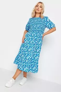Платье средней длины с присборенными краями и цветочным принтом из лимитированной коллекции Yours, синий
